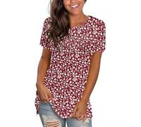 WNEEDU Women Summer T Shirts Crew Neck Short Sleeve Tops Basic Loose Fit Casual Top Red Flowers L