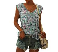 WNEEDU Women Tops Summer T-Shirts for Women UK V Neck Cap Sleeve Ladies Summer Tank Tops Blouses Palace Green Flower M
