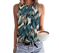 WNEEDU Womens Crewneck Sleeveless Long Vest Tank Tops Summer Casual Loose Fit Basic Shirts Leaf Print L