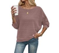 WNEEDU Women's Jumpers Autumn Lightweight Ladies Batwing Tops Long Sleeve Boat Neck Striped Knit Cosy Sweaters Casual Pullover Russian Red M