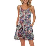 WNEEDU Womens Summer Dress Spaghetti Strap Dresses Beach Cover Ups Casual V Neck Mini Sundress with Pockets Royal Blue Flower S