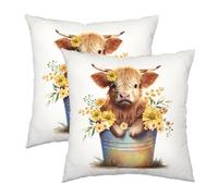 Wnoesat Baby Cow in a Bucket Floral Throw Pillow Covers 20x20 Inch Farmhouse Highland Cow Yellow Flowers Decorative Pillow Cases Set of 2 Linen Square Cushion Cases for Living Room Couch Sofa