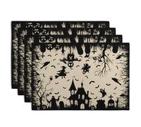 Wnoesat Halloween Placemats 12x18 Inch Set of 4 Black White Witch Castle Ghost Place Mats Spooky Haunted House Bats Tree Crow Table Mat for Party Kitchen Dining Outdoor Indoor Decor