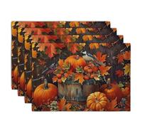 Wnoesat Pumpkin Maple Leaf Bird Fall Placemats Set of 4 Autumn Thanksgiving Seasonal Holiday Harvest Linen Table Mats Orange Brown Washable Place Mats for Party Kitchen Dining Outdoor Indoor Decor