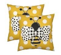 Wnoesat Summer Pillowcase 16x16 Set of 2 Yellow Honey Bee Polka Dots Holiday Throw Pillow Covers Bumblebee Outdoor Decorative Linen Cushion Covers for Farmhouse Couch Sofa Living Room Decor, 12341