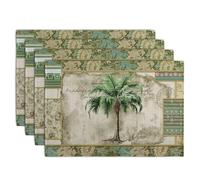 Wnoesat Tropical Palm Tree Placemats Set of 4 Summer Vintage Green Leaf Kitchen Table Mat 12x18 Inch Hawaii Beach Jungle Plant Tree Heat Resistant Washable Linen Place Mats for Dining Tables
