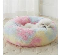 WNPETHOME Calming Dog Bed & Cat Bed, Anti-Anxiety Donut Small Dog Bed, Fluffy Faux Fur Cat Cushion Dog Bed for Small Dogs and Cats (24 x 24 x 8 Inch, Rainbow)