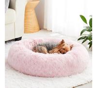 WNPETHOME Round Calming Pink Small Dog Bed Cat Bed for Comfy Sleeping, Cute Washable Puppy Bed with Fluffy Plush, Faux Fur Anti Anxiety Pet Bed Donut Cuddler (20 x 20 x 8 Inch)