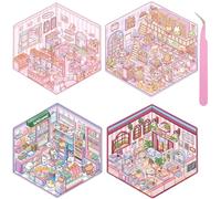 Wnqou 4 Sets DIY 3D House Stickers, 3D Scene Stickers Miniature Simulated Cabin Scene Stickers, Cute Cartoon Scenery Stickers for Adults and Kids, Fun Supermarket Bakery Scenery Stickers for Girls