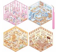 Wnqou 4 Sets DIY 3D House Stickers, Supermarket & Cozy Cabin Scenes, Cute Cartoons for Adults, Kids, Ideal for Girls' Sticker Games