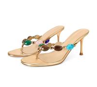 Wnshonzy Women's Strappy Heeled Sandals Jewelled Thong Flip-Flop Kitten Heels Slip On Pumps Stiletto Dressy Summer Mule High Heel Round Open Toe Fashion Vintage Bohemia, Gold, 5.5 UK