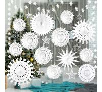 WNSIRVY 21 Pcs White Snowflake Decorations Christmas Paper Hanging Fans Decor Winter Wonderland Party Decorations with Frozen Snowflake Garland Star Hanging for Xmas Winter Wedding Birthday