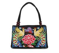WNV Women Retro Embroidery Top-handle Purse Boho Vintage Double-Sided Floral Ethnic Handmade Hobo Bag Tote Shoulder Handbags, Black B, M
