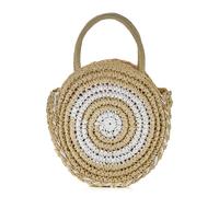 WNV Women Round Woven Straw Crossbody Handbag Handmade Colorblock Spiral Top-handle Summer Beach Purse Travel Daily Tote Bag, Beige, S