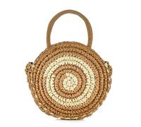 WNV Women Round Woven Straw Crossbody Handbag Handmade Colorblock Spiral Top-handle Summer Beach Purse Travel Daily Tote Bag, Brown, S