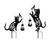 Wnvivi 2 Pcs Black Cat Yard Signs Stake Solar Lights,Decorative Cat Garden Stakes with Lantern,Metal Cat Solar Figurines Lights for Patio Yard Lawn Decor
