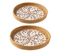 Wnvivi 2Pcs Rattan Woven Shell Serving Tray,Decorative Round Wicker Woven Fruit Dessert Snack Plate,30cm/35cm Boho Style Rustic Fruit Basket for Home Kitchen(Coffee)