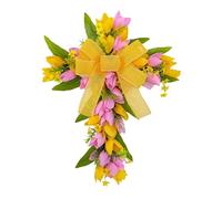 Wnvivi 45cm Artificial Easter Cross Wreath,Easter Cross Wreath with Tulip Flowers,Cross Shaped Tulip Door Hanger Wreath for Party Home Decor (A2)