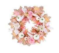 Wnvivi Pink Maple Leaf Pumpkin Wreath,40cm Autumn Front Door Wreath,Artificial Pink Floral White Pumpkin Fall Wreath for Door Window Mantel Decor