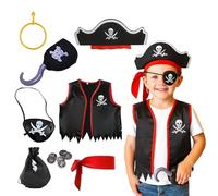 WNXBFO 13 Pcs Pirate Costume Kids Set, Boy Captain Costume Accessories, With Belt Eye Mask Hat Earring Money Bag Gold Coin Vest Fancy Dress for Halloween Cosplay Birthday Party Accessories