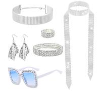WNXBFO 1970s Disco Accessories Set, 7Pcs Abba Costume Set with Gradient Blue Mirror Sunglasses, Long Scarf necklace Ring Earrings Bracelet for Girls 70s 80s Disco Theme Party