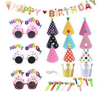 WNXBFO 25 PCS Pack with Happy Birthday Banners, Crown Party Hat Glasses, Party Blowers for Boys, Girls, Kids, Adults Decoration