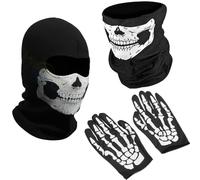 WNXBFO 3 PCS Skeleton Gloves and Skull Face Mask and the Skull Hood Half Ghost Bones Cosplay Costumes for Adult Halloween Dance Costume Party Motorcycle Bike Hiking Ski Halloween
