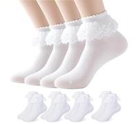 WNXBFO 4 Pairs Girls Frilly Socks, White Frilly Socks Girls, Girl School Socks, Kids Ankle Sock lace for Kids Princess Sock for 5-7 Year Girl