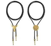 WNXBFO Bolo Tie, 2 Pcs Bolo Tie for Men, Cowboy Necklace with Cow Head Brass and Round Design, Western Leather Neck, Retro Style Bolo Ties For West Theme Cowboy Accessories