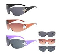 Wnzdp 3 Pcs Rave Sunglasses, Y2K Sunglasses, Rimless Retro Trendy Oversized Rave Glasses, Cool Star Fashion Wrap Around Sunglasses One Piece for Women Men Outdoor Riding