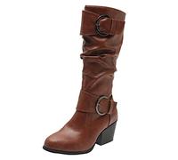 Woaikeyu Fashion Ankle Boots Women Boots Short Square Heels Artificial Leather Buckle Strap Boots Mid-Calf Round Toe Shoes Boots, Brown, 6 UK