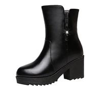 Woaikeyu Fashion Ankle Boots Women Warm Winter Square Heels Zipper Short Boots Mid-Calf Boots Round Toe Leather Warm Winter Shoes&826-1, Black, 6 UK
