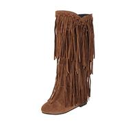 Woaikeyu Women's Ankle Boots, Thick Heel Fringed Winter Boots, Women's Ankle Boots, Suede Block Heel Fringed Ankle Boots, Plus Size, Yellow, 8 UK