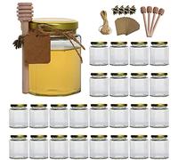 Woaiwo-q 6 oz Hexagon Glass Honey Jars, Glass Jars with Gold Lids,Bronze Bee Pendants,Wooden Honey Sticks,Small Tags,1.5m Jute Twine -Clear Hexagon Jars for Honey,Jams, Liquid.(25 Pcs)……