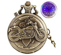 WOAIXI Vintage Pocket Watch,Bronze Luminous Led Dial Motorcycle Motorbike Quartz Pocket Watch Chain Carved Steampunk Chain Pocket Fob Watch Clock Gifts,Bronze with Led