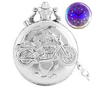 WOAIXI Vintage Pocket Watch,Bronze Luminous Led Dial Motorcycle Motorbike Quartz Pocket Watch Chain Carved Steampunk Chain Pocket Fob Watch Clock Gifts,Silver with Led