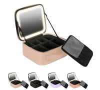 WOAIXUEXI Lighted Makeup Case, Travel Makeup Bag with LED Mirror, 3-Color LED Lights, Waterproof Makeup Case, Adjustable Dividers, Ideal for Travel, Daily Use, and On-the-Go Beauty Touch-Ups, Beige