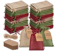 Woanger 100 Pcs Burlap Gift Bags with 100 Pcs Kraft Paper Gift Tags Drawstring Favor Bulk Burlap Sack Bags for DIY Wedding Party Craft (4 x 6 Inch,Natural Color, Military Green, Wine Red)