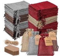 Woanger 100 Pcs Burlap Gift Bags with 100 Pcs Kraft Paper Gift Tags Drawstring Favor Bulk Burlap Sack Bags for DIY Wedding Party Craft(4 x 6 Inch,Dark Brown Natural Wine Red, Gray)