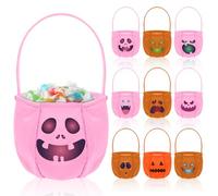 Woanger 9 Pcs Halloween Small Treat Bags with Handle 5.9x5x7.8 '' Non-woven Pumpkin Trick or Treat Tote Reusable Candy Gift Bags with Cute Ghost Vampire Skeleton Print for Halloween Party Favors