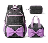 WOBAGMEN 3 PCS Girls Backpack Set,3D Bow School Bags Lunch Box & Pencil box, Black Leopard, M, Fashion