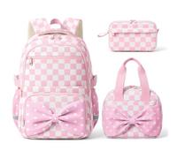 WOBAGMEN 3 PCS Girls Backpack Set,3D Bow School Bags Lunch Box & Pencil box, Pink Gingham, M, Fashion