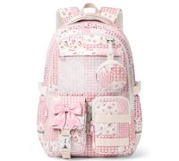 WOBAGMEN Quilted Backpack for Girls with Mesh Display Pocket, Cute Kawaii Floral School Bookbag Fits 14" Laptop, Pink Patchwork, M, Modern