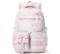 WOBAGMEN Quilted Backpack for Girls with Mesh Display Pocket, Cute Kawaii Floral School Bookbag for Pins, Badges, Plushies, Pink Floral Patchwork, M, Modern
