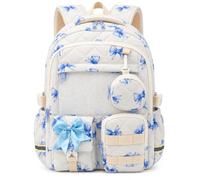 WOBAGMEN Quilted Backpack for Girls with Mesh Display Pocket, Cute Kawaii Floral School Bookbag for Pins, Badges, Plushies, Blue Bow, M, Modern