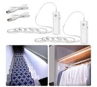 WOBANE 2x2m Rechargeable Motion Sensor LED Strip Lights, White, 2 Pack | 2×2000mAh Battery, Wireless, Self-adhesive Backing, Magnetic Battery Box, For Stairs, Beds, Pantry & Wardrobes