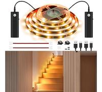 WOBANE Dual Motion Activated LED Strip Light,Rechargeable 16.4ft Light Strip,Battery Powered Tape Light for Under Cabinet,Bed,Shelves,Anywhere,PIR Detector,Cuttable,Flexible,2700K Warm White,Black