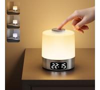 WOBANE LED Night Light, Rechargeable, 3 Colour Dimmable, with Clock, Silver | 3600mAh Battery, Soft Diffused Light, Wireless & Portable Bedside Lamp for Kids, Bedroom, Nursery, Night Feeding & Camping