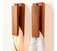 Wobodan 2PCS Towel Hooks Wall Mounted, Wooden Adhesive Wall Hooks for Hanging, Tea Wall Hanger Hooks, Kitchen Towel Holder, Coat Racks for Living Room Hallway (Brown)