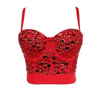 Woboren Women's Rhinestone Diamond Bustier Crop Top Gothic Punk Corset Clubwear Party Bra Red